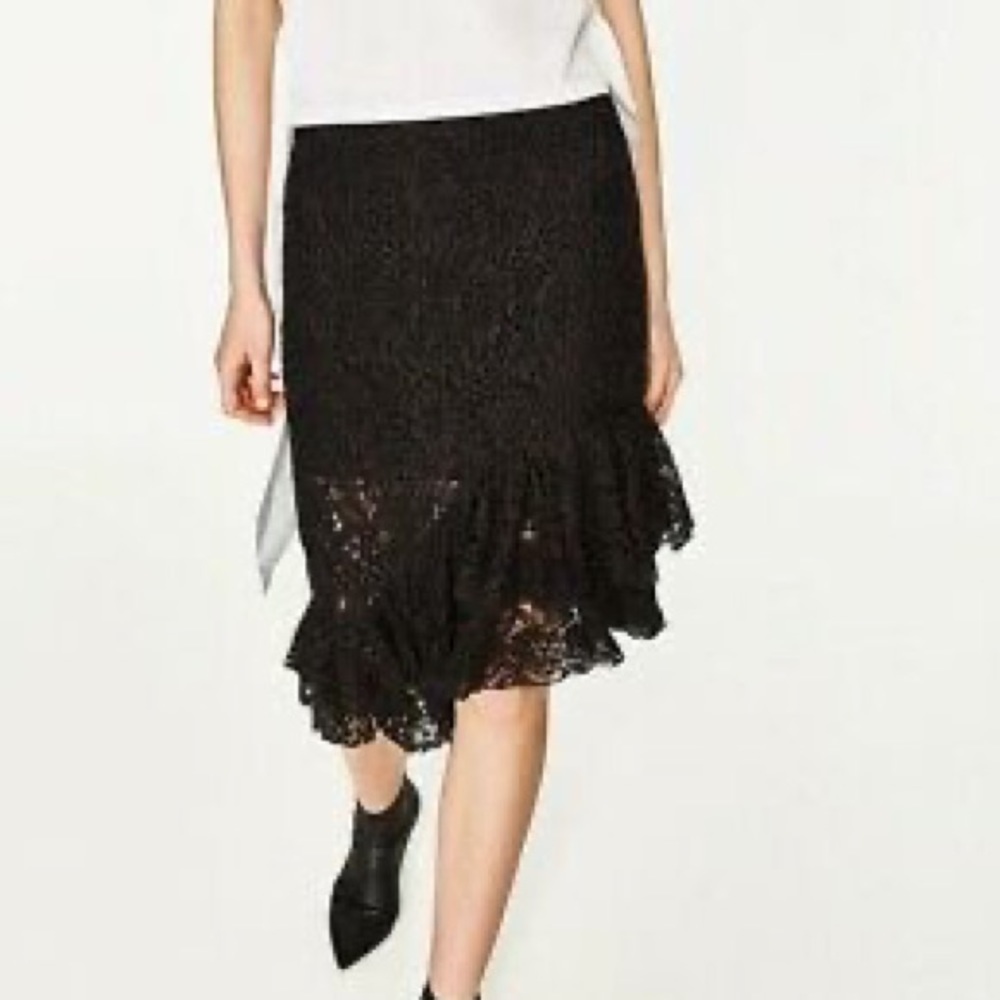 🌼 BOGO❗️ZARA asymmetrical Lace black Ruffle Frill Midi skirt 3184/002 - Picture 2 of 8